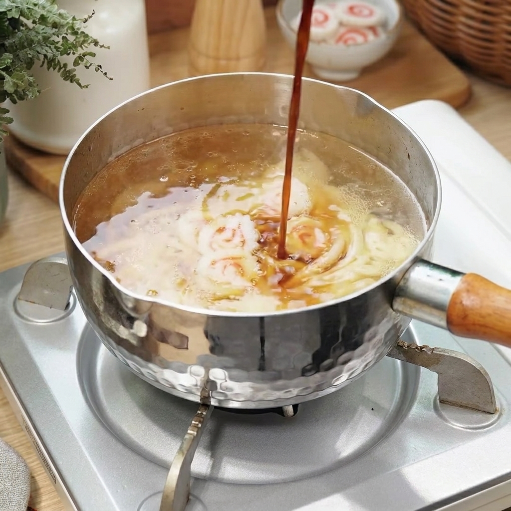 Salsa sukiyaki scura versata in una pentola in ebollizione contenente noodles udon e fette di torta di pesce narutomaki.
