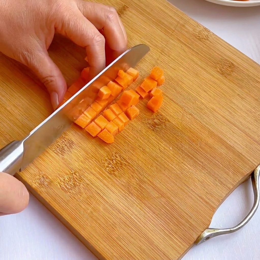 Filetto di salmone crudo tagliato in cubetti regolari e della dimensione di un boccone su un tagliere di legno.