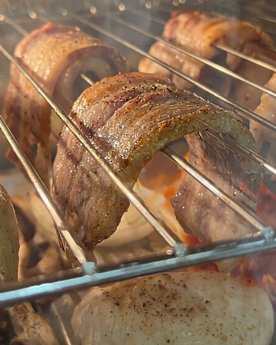Pancetta arrosto croccante tagliata a pezzetti su un piatto usando le forbici da cucina.