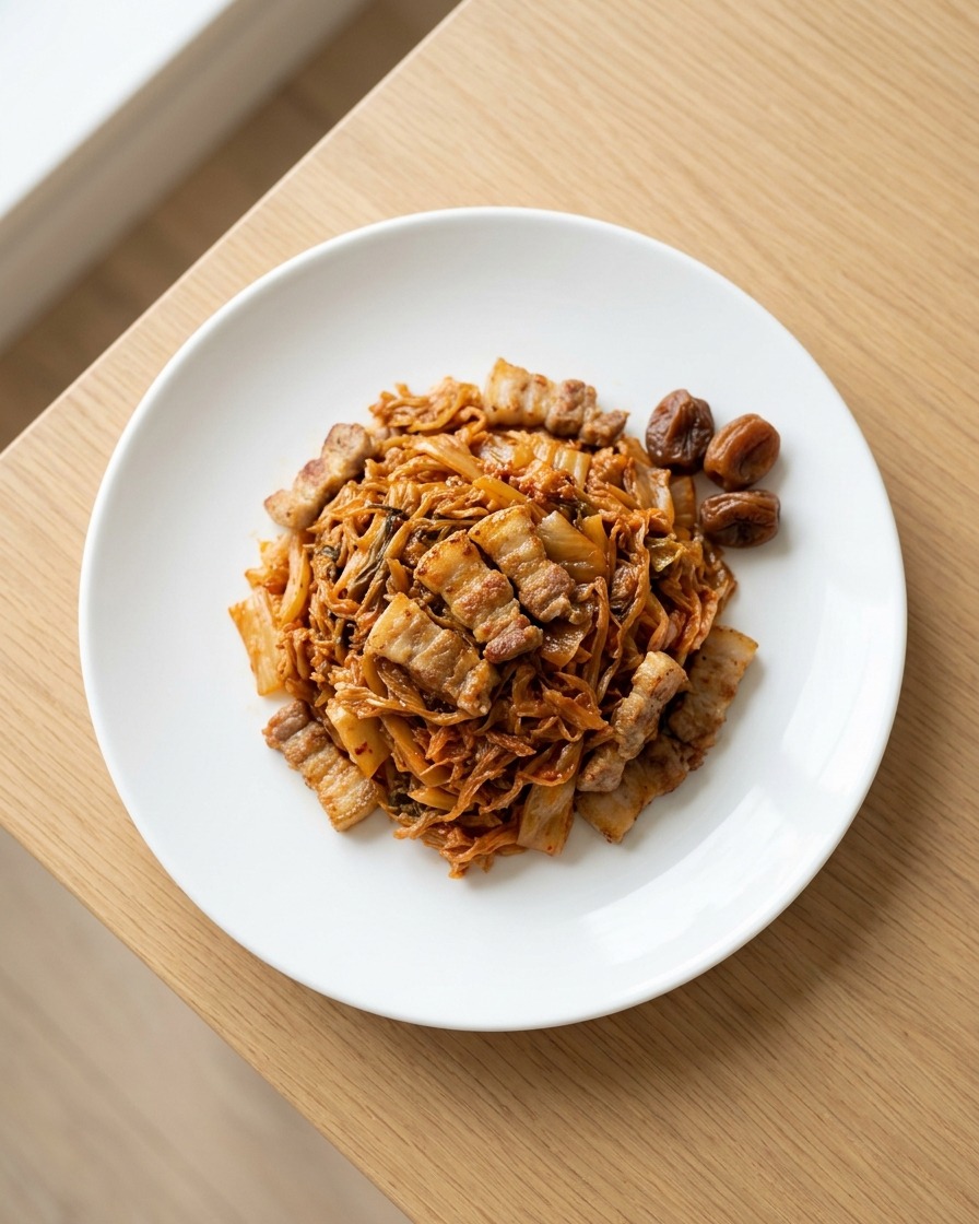 Estratto di prugna versato sopra il mix di kimchi arrosto e pancetta su un piatto bianco.