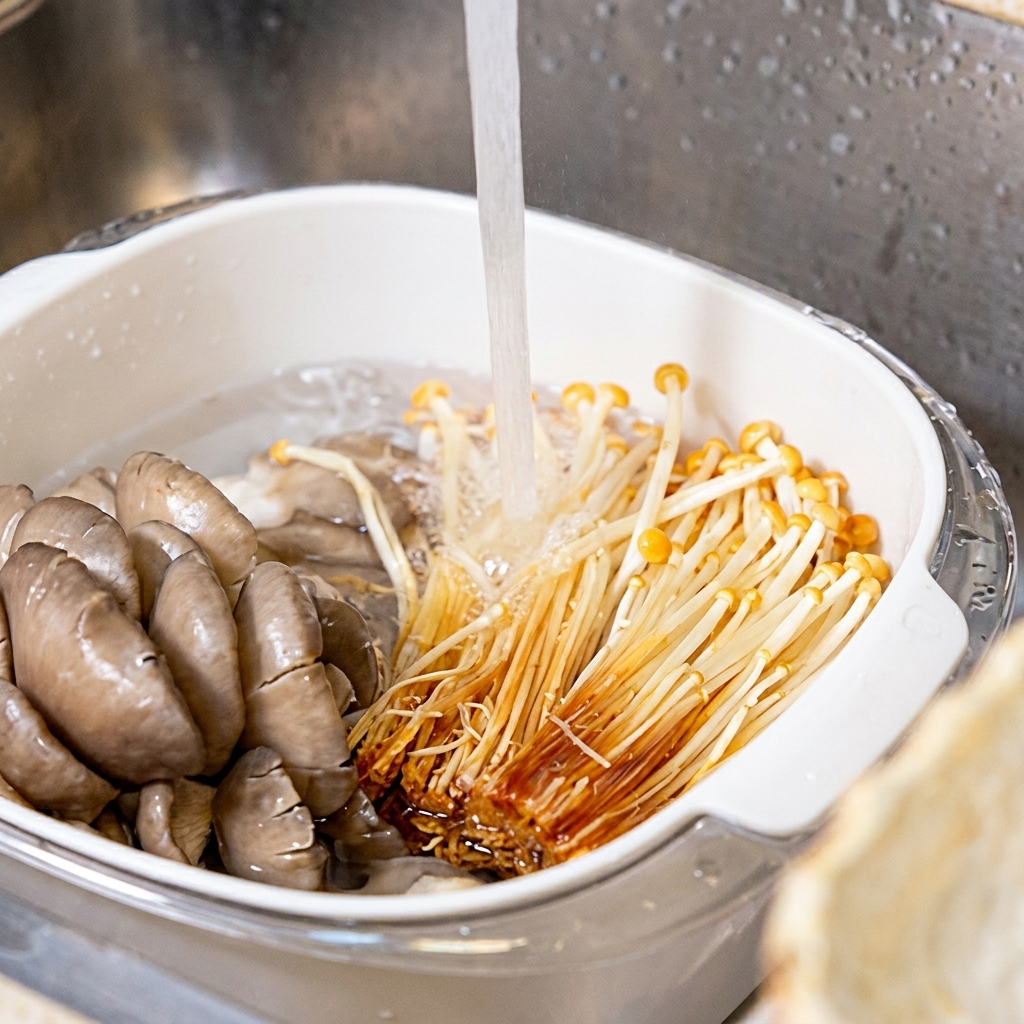 Funghi enoki e ostrica lavati sotto un getto dacqua delicato.
