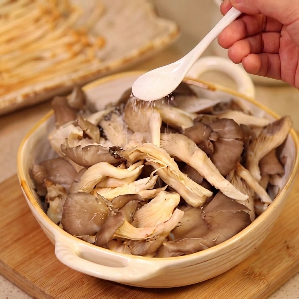 Funghi ostrica conditi con sale in una ciotola.