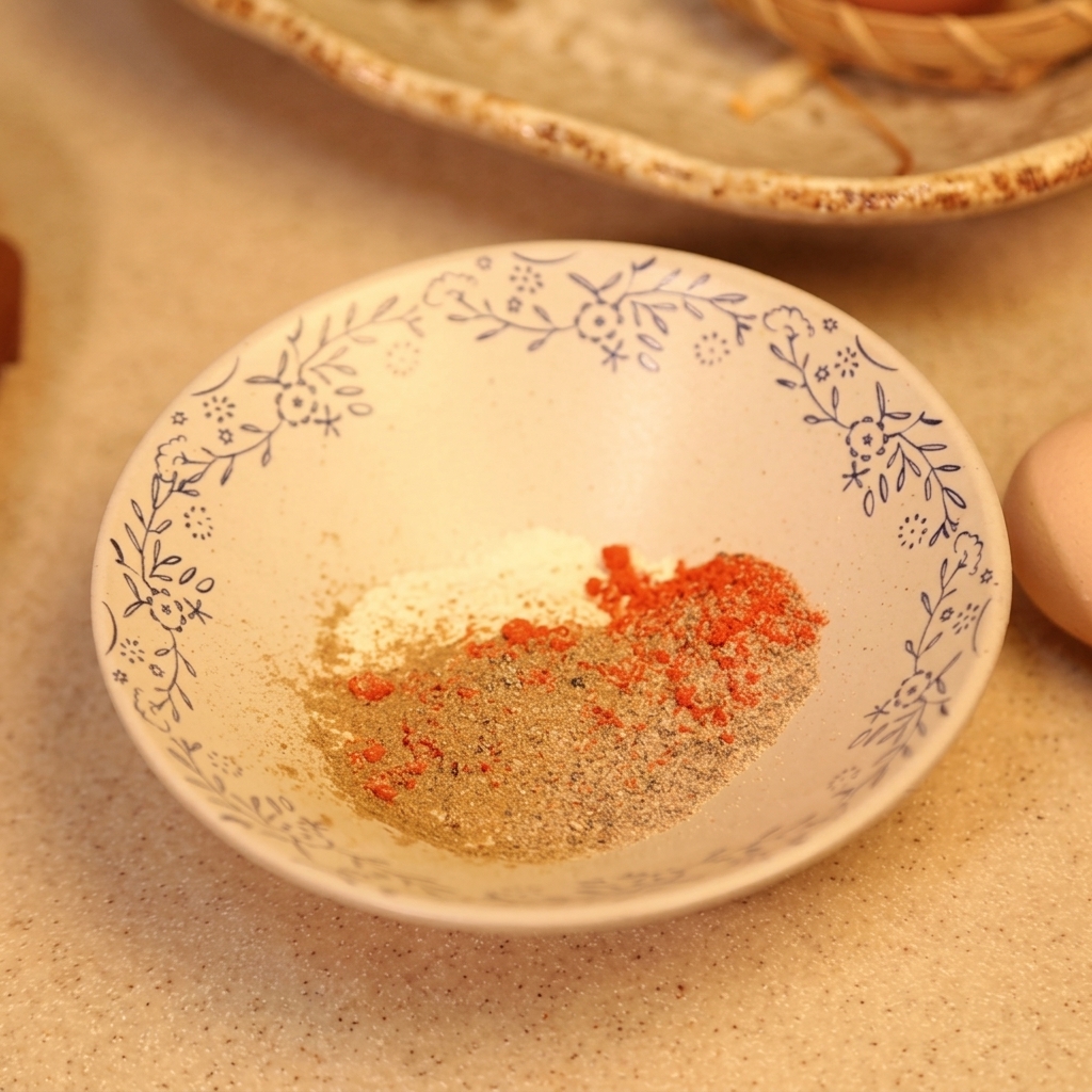 Una ciotolina con farina, peperoncino e spezie pronti da mescolare.