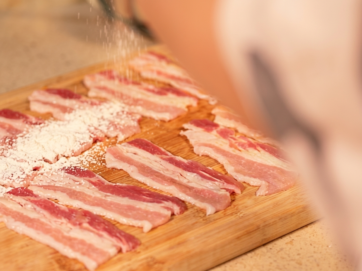 Fette di pancetta cruda cosparse di amido su un tagliere.