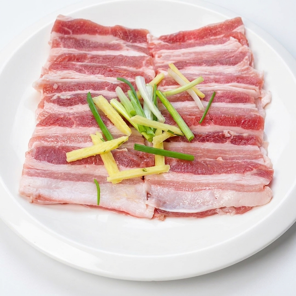 Fette di pancetta condite con zenzero, salsa di soia, salsa di ostriche e rub barbecue su un piatto.