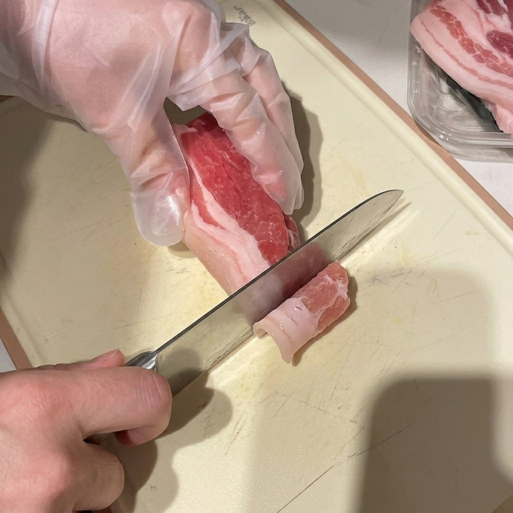 Mani con guanti che usano un coltello da chef per tagliare un blocco di pancetta semi-congelata in fette sottili su un tagliere.