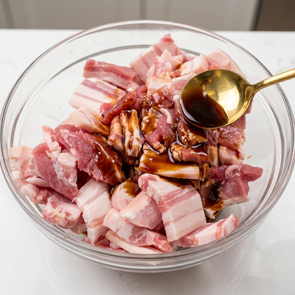 Fette di pancetta in una ciotola di vetro mescolate con salse scure e condimenti usando un cucchiaio dorato.