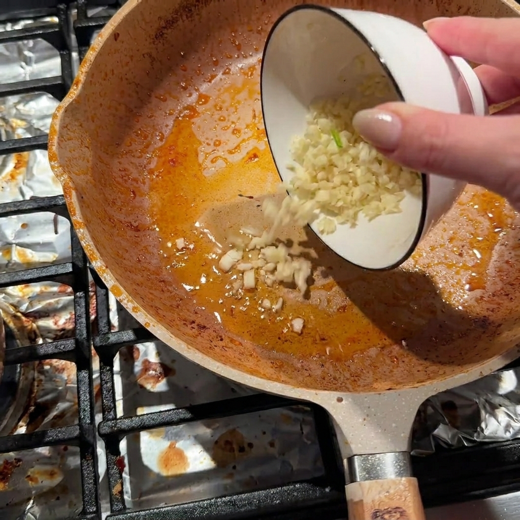 Versare aglio fresco tritato da una piccola ciotola bianca in una padella riscaldata con olio residuo per saltare.