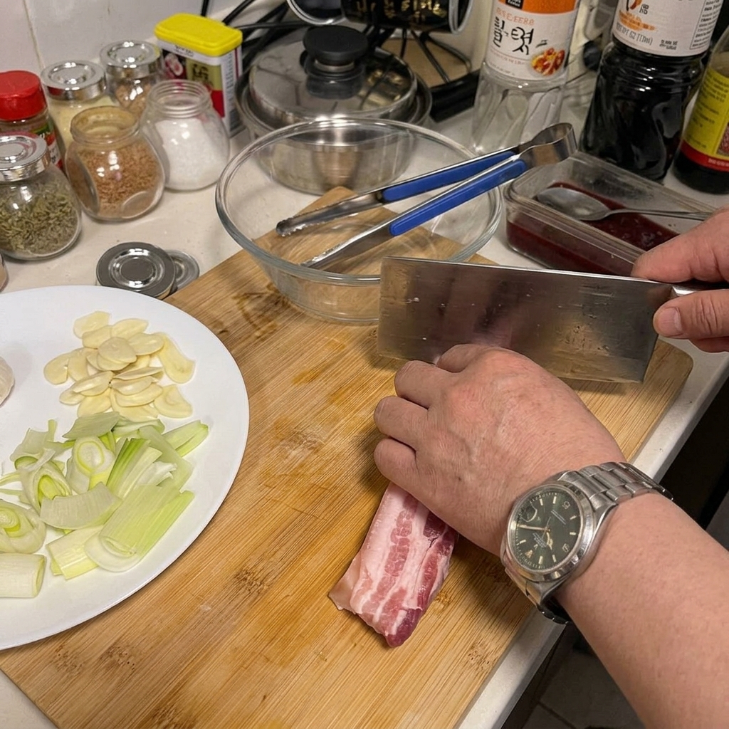 Mani che usano un coltello grande per tagliare fette spesse di pancetta di maiale cruda su un tagliere di legno.