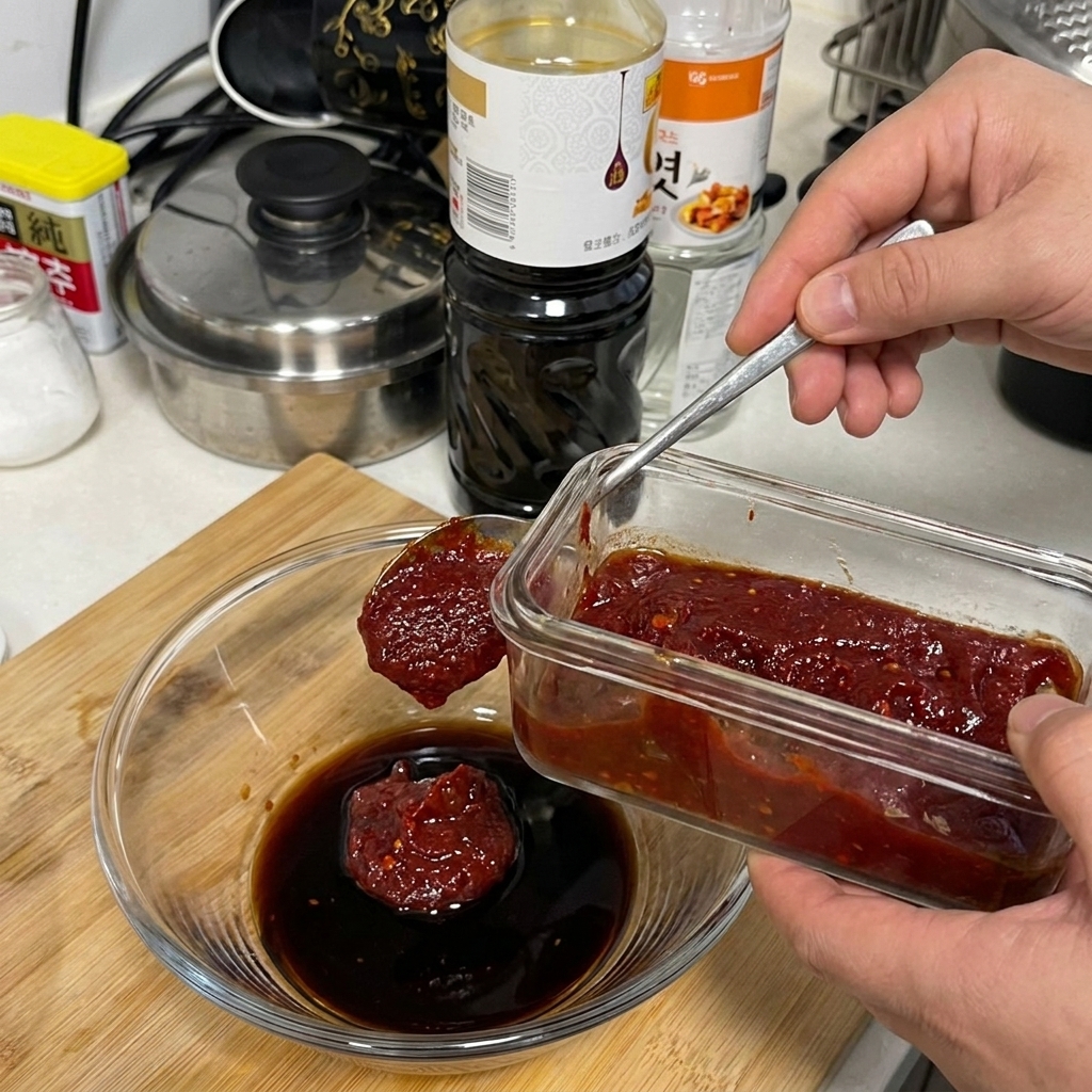 Un cucchiaio di pasta di peperoncino densa tenuto sopra una ciotola contenente salsa di soia.