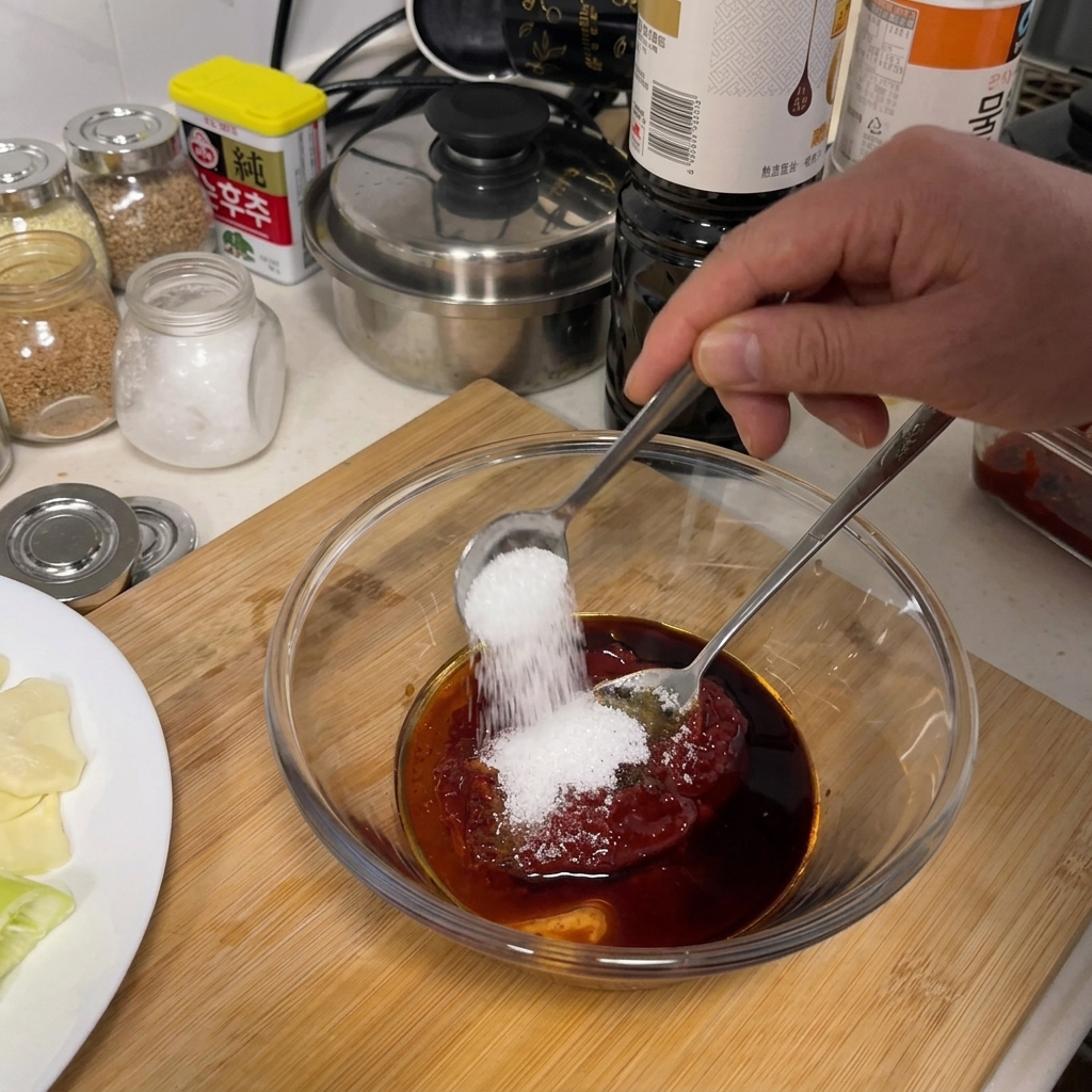 Un cucchiaio che sparge zucchero bianco in una ciotola di vetro contenente una salsa rosso scuro.
