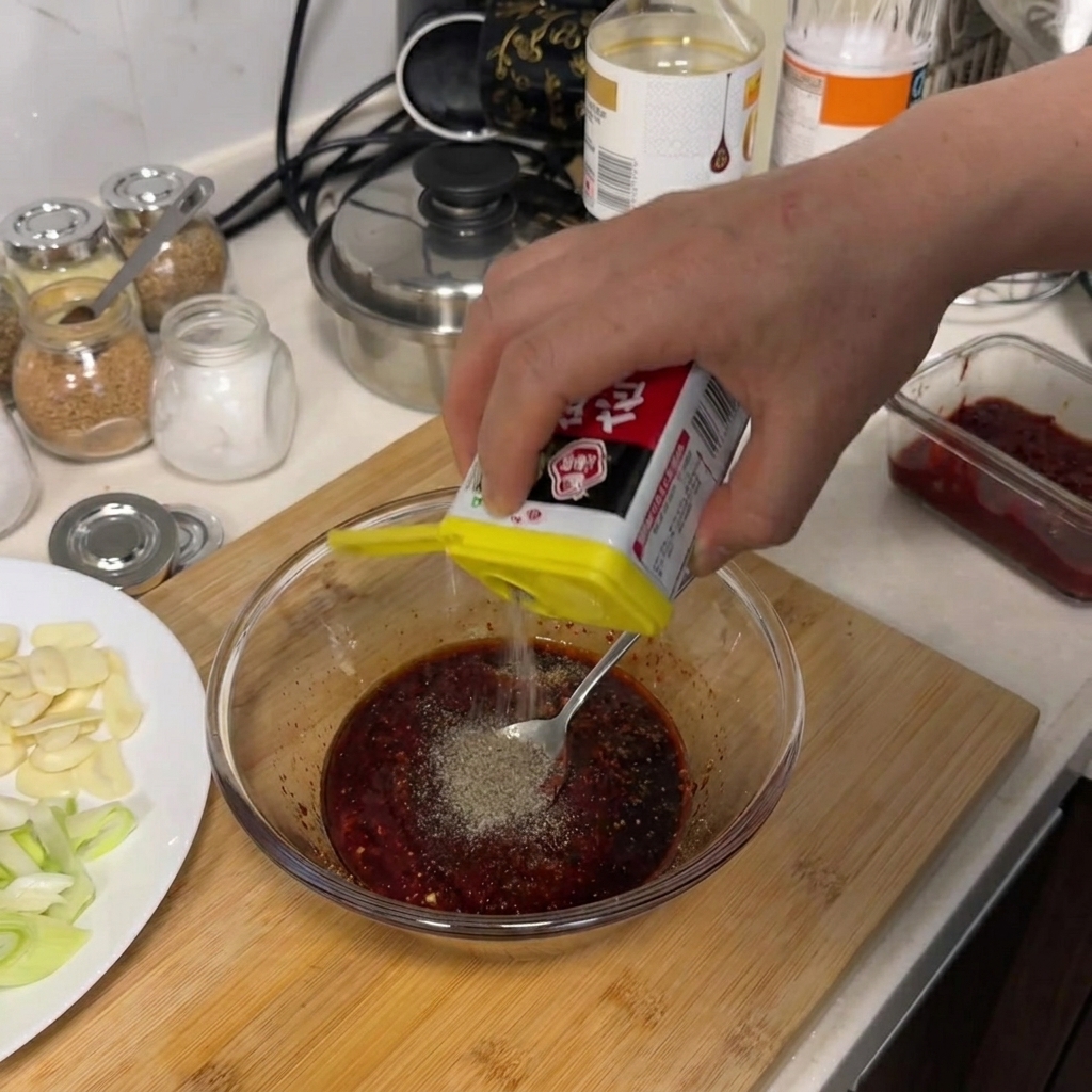 Primo piano di pepe nero in polvere che cade da un contenitore giallo in una ciotola di vetro con salsa rossa.