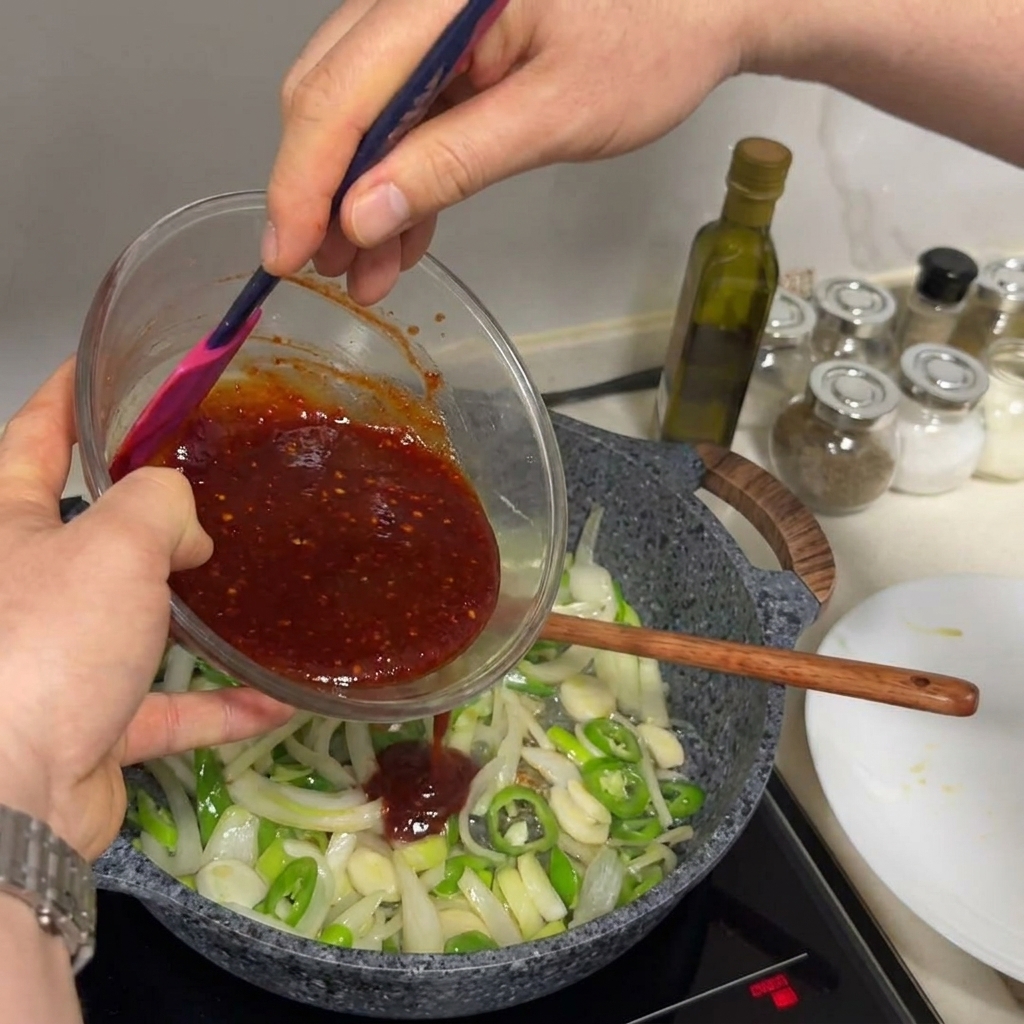 Salsa rossa densa versata da una ciotola di vetro in una padella calda contenente verdure saltate.