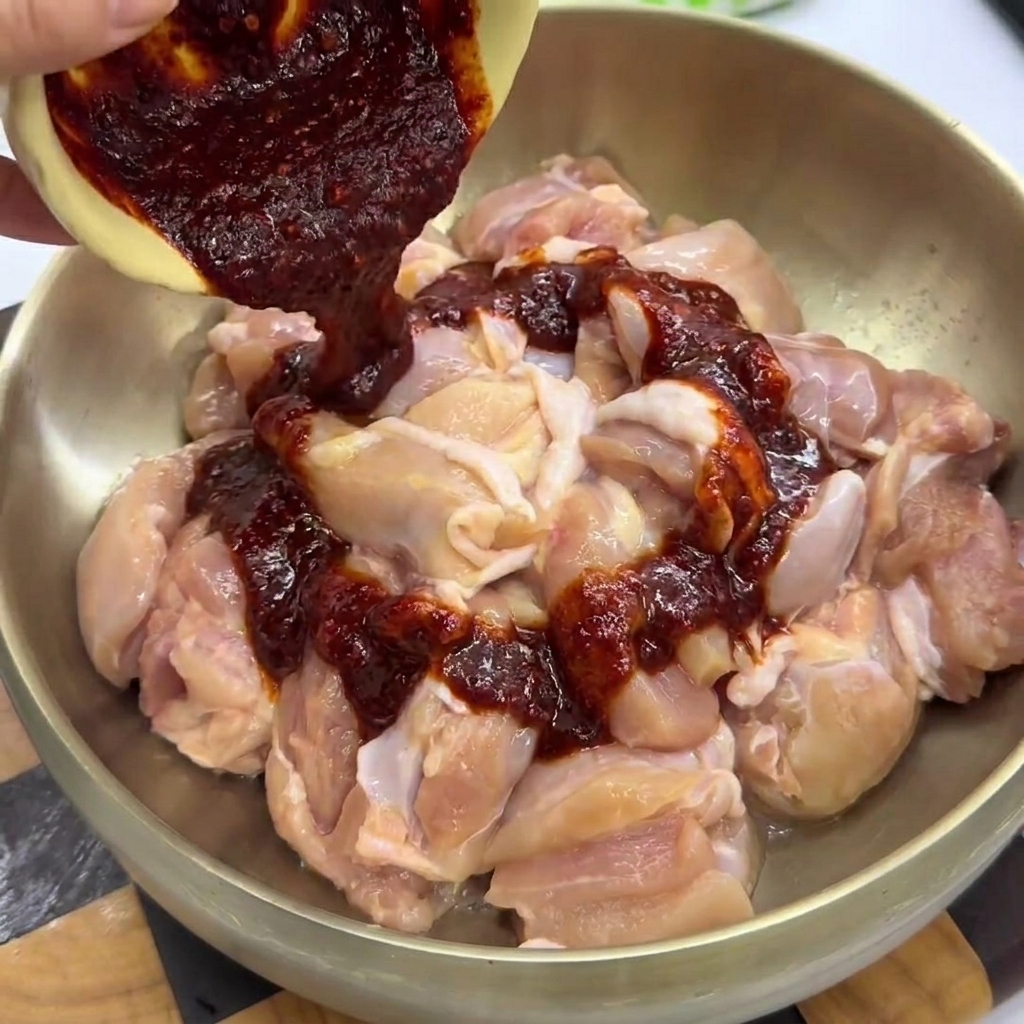 Salsa rossa versata sopra i pezzi di pollo in una grande ciotola di metallo.