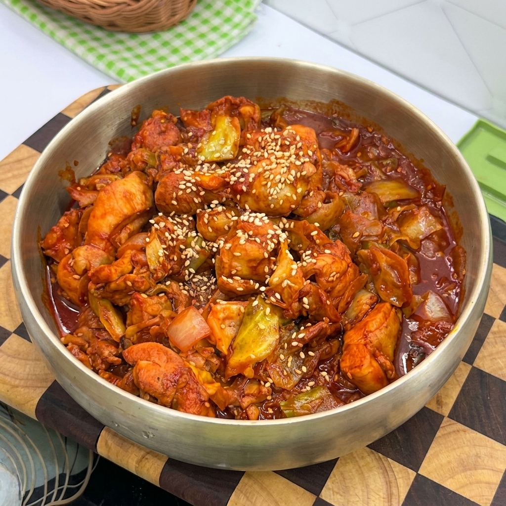 Pollo marinato piccante saltato con pezzi di cavolo e cipolla in una padella di ottone.