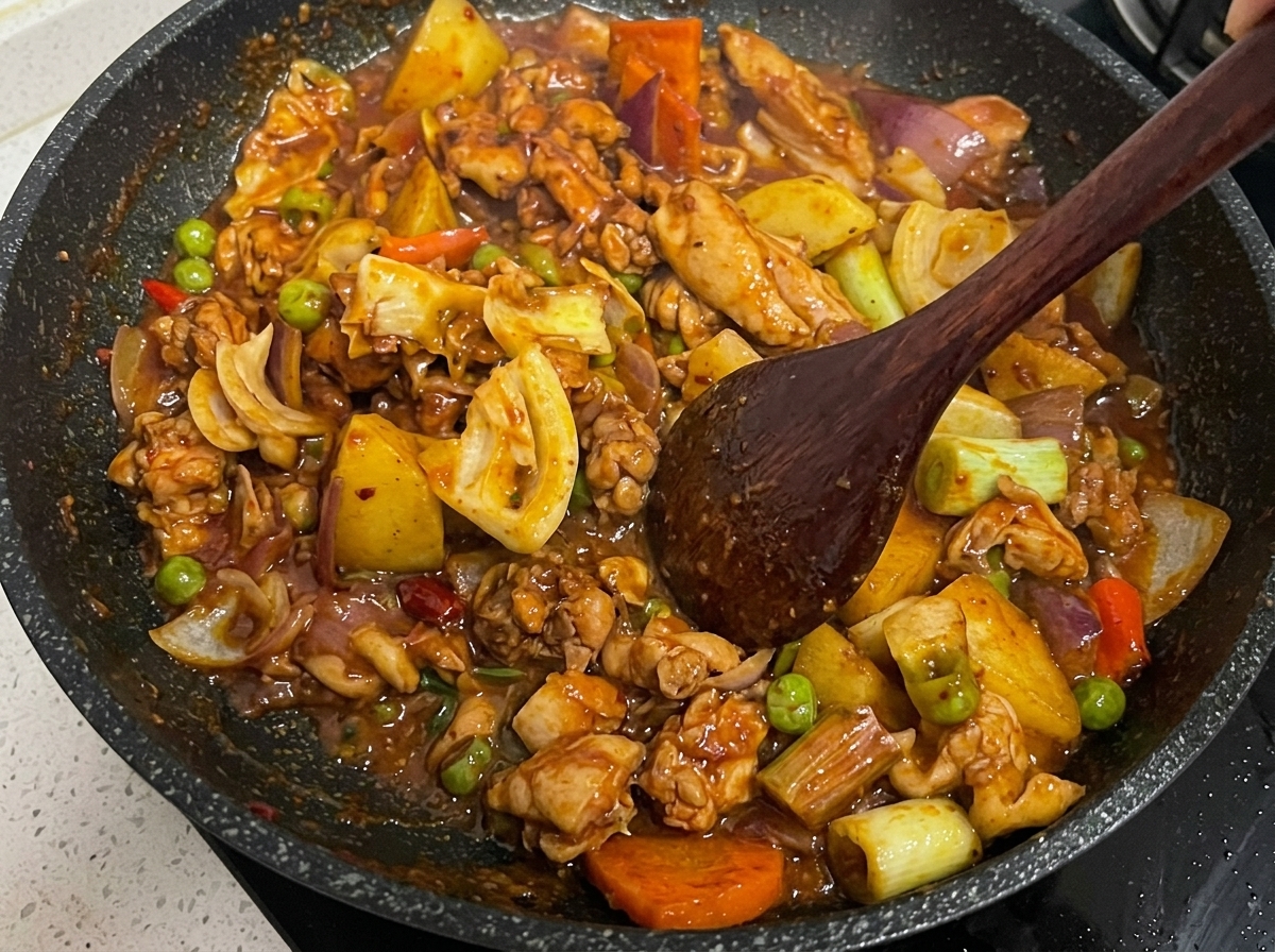 Pollo e verdure miste in cottura in una salsa rosso scuro che sobbolle allinterno di una padella.