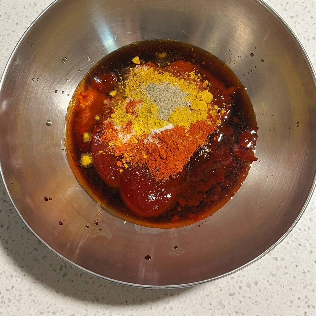 Pezzi di pollo mescolati a mano in una ciotola con una marinatura scura e speziata.