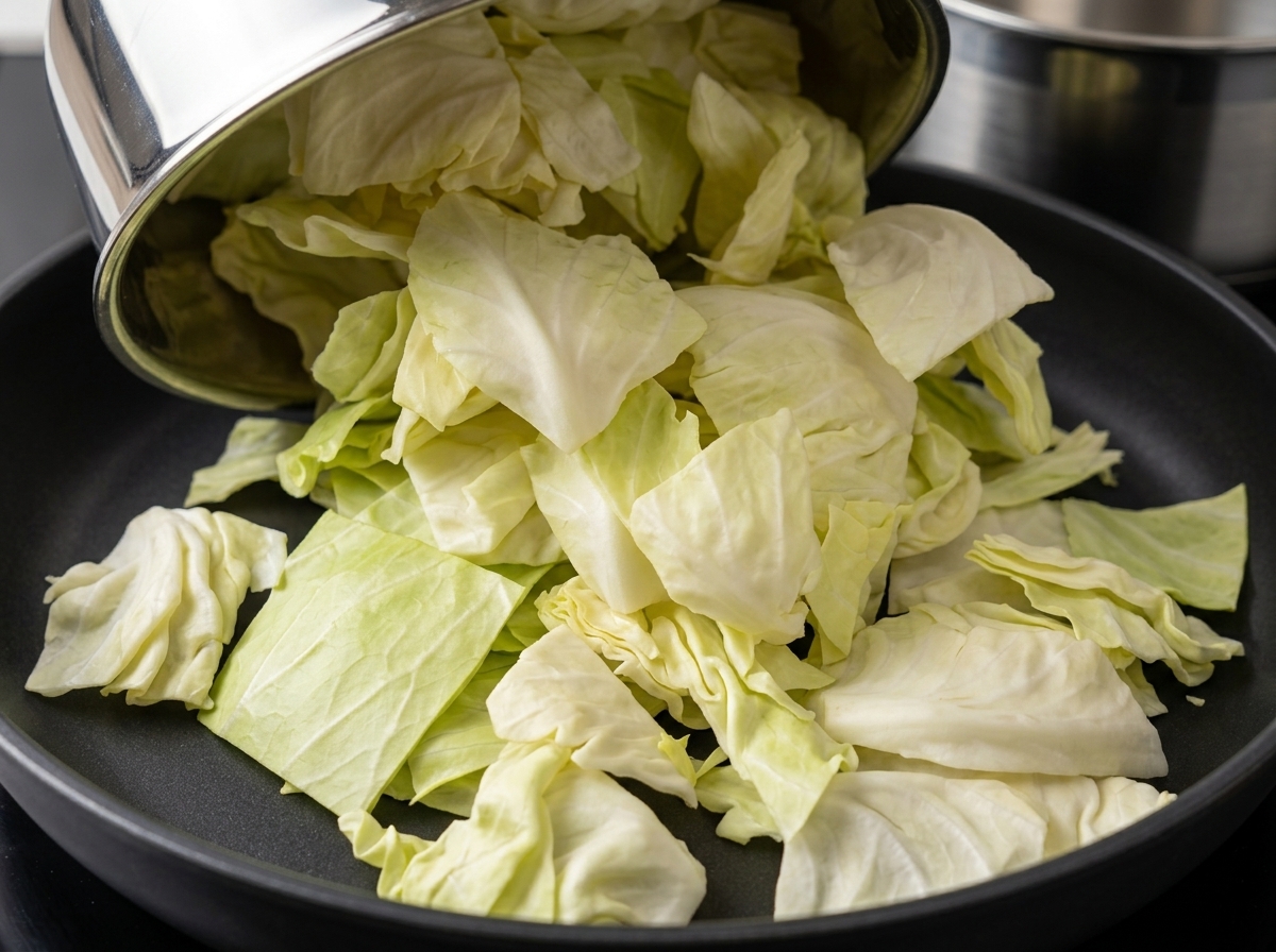 Cavolo fresco, cipolla, bastoncini di patate e gnocchi di riso distribuiti in una padella larga.