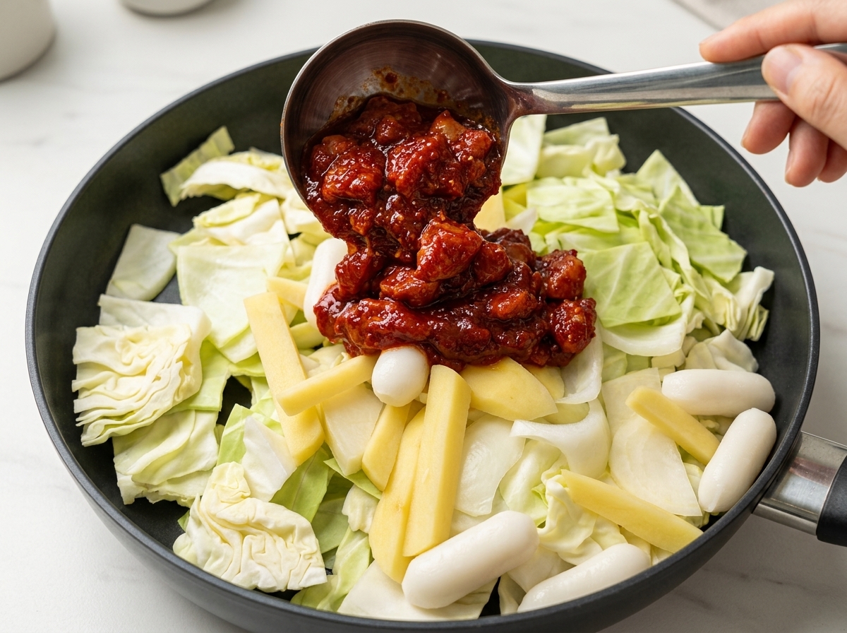 Pezzi di pollo marinato adagiati sul letto di verdure e gnocchi di riso nella padella.