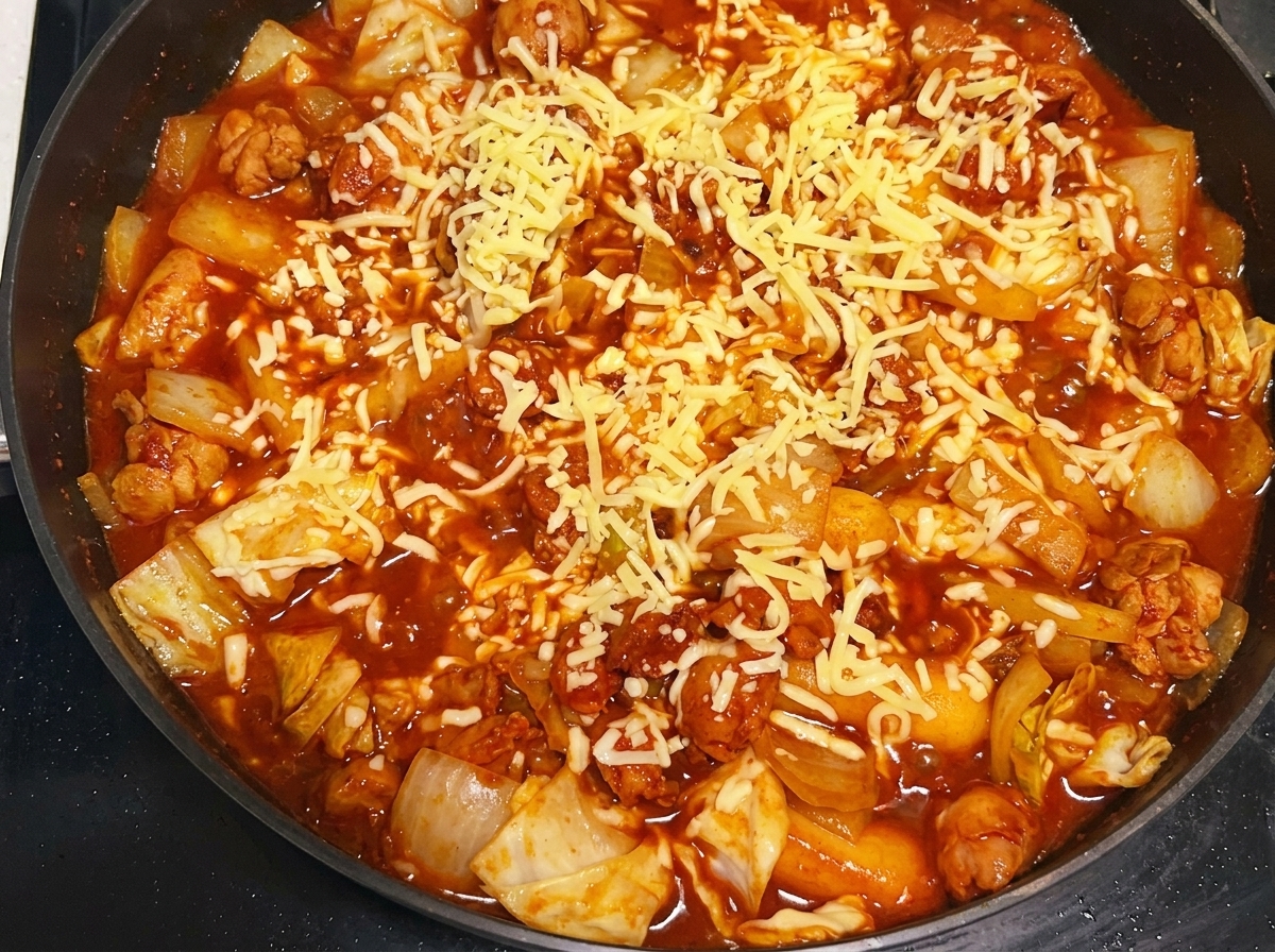 Una padella piena di un colorato mix di pollo cotto, cavolo e gnocchi di riso, ricoperto da uno spesso strato fuso di mozzarella grattugiata.