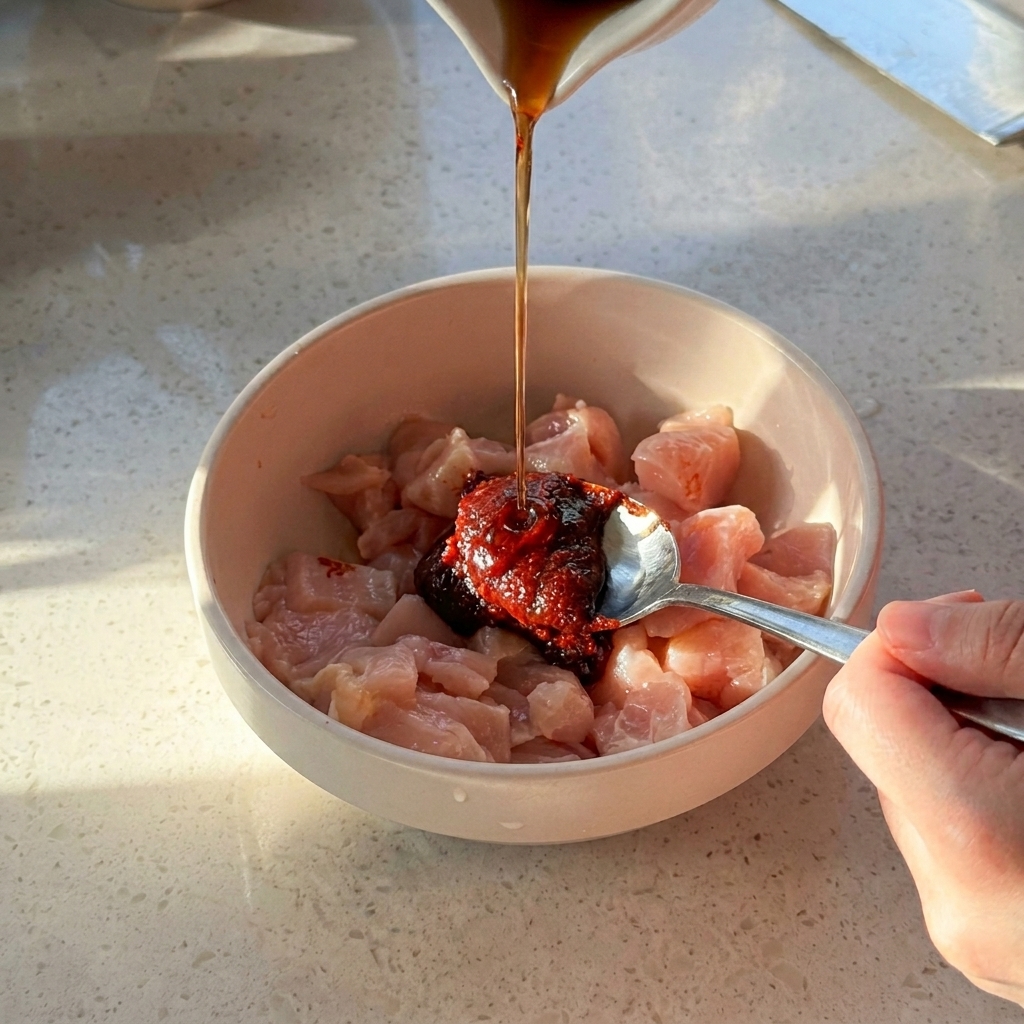 Pasta di peperoncino coreana versata da un cucchiaio in una ciotola con bocconcini di pollo crudo e salsa scura.