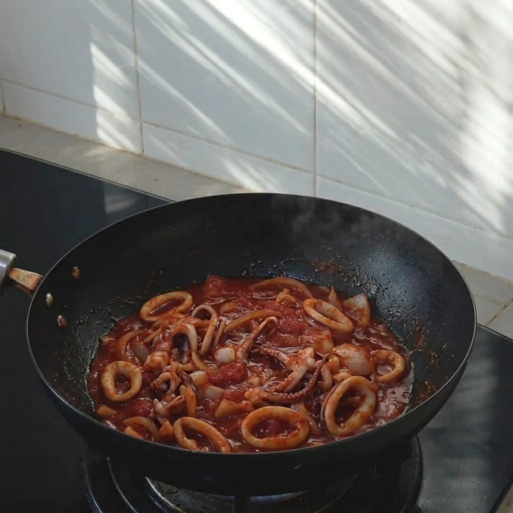 Pollo marinato e verdure che sfrigolano in un wok caldo di colore scuro.