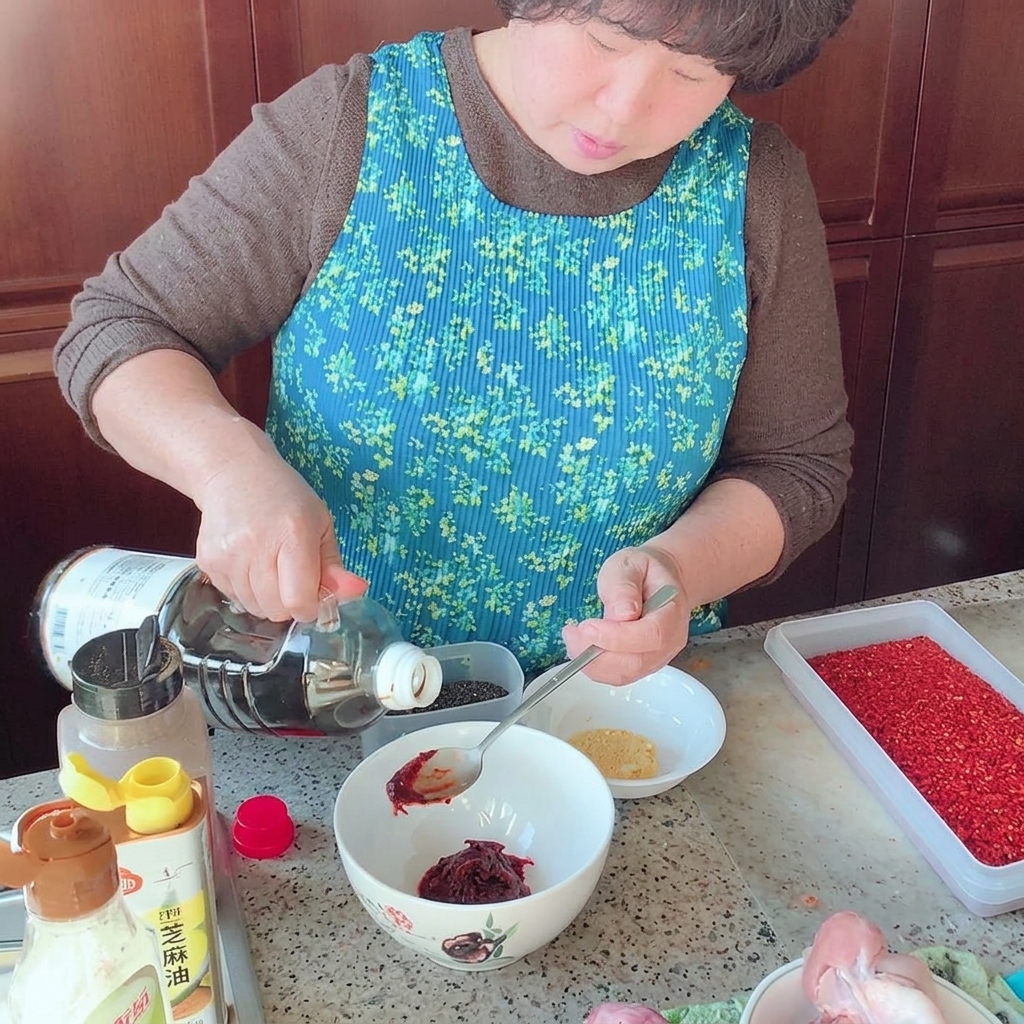 Una ciotola bianca contenente pasta rossa gochujang mescolata ad altri ingredienti per la salsa con un cucchiaio dargento.