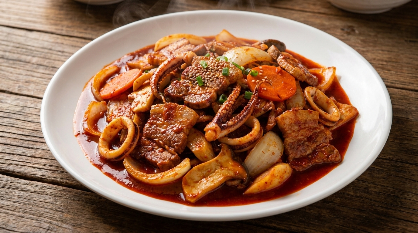 Pancetta di Maiale e Calamari Saltati Piccanti (Ojingeo Samgyeopsal Bokkeum)
