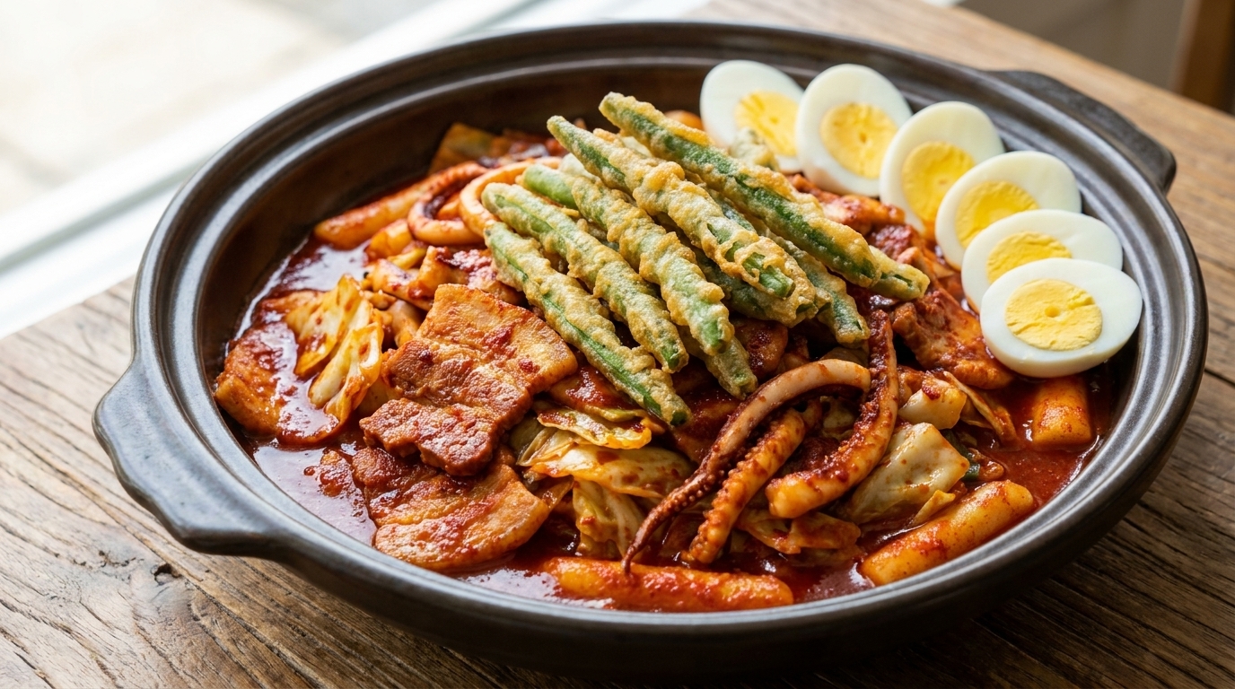 Una pentola di terracotta riempita di pancetta e calamari saltati piccanti con tortini di riso, guarnita con fagiolini fritti croccanti e uova sode.
