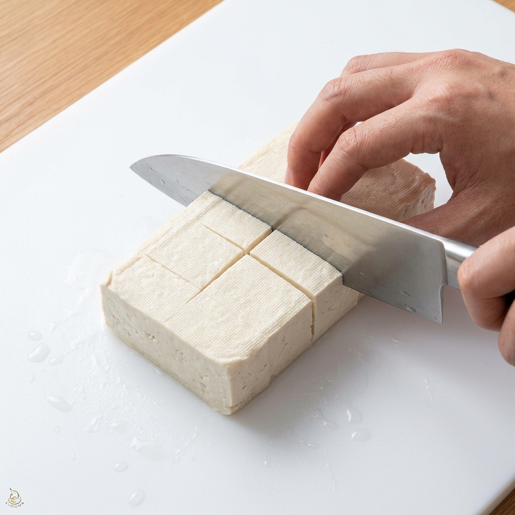 Un blocco di tofu viene tagliato ordinatamente a cubetti su un tagliere bianco pulito.