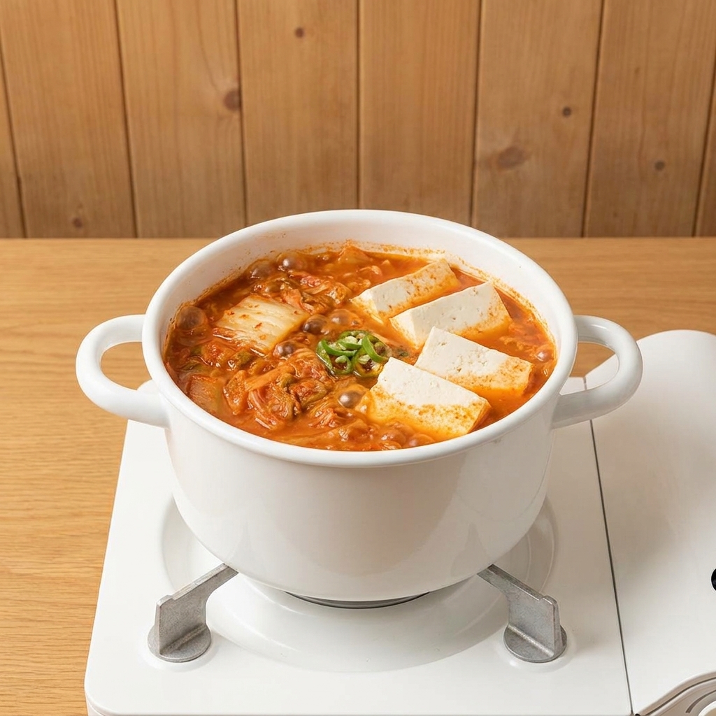 Cubetti di tofu e germogli di soia freschi adagiati sulla zuppa di kimchi e tonno in ebollizione.