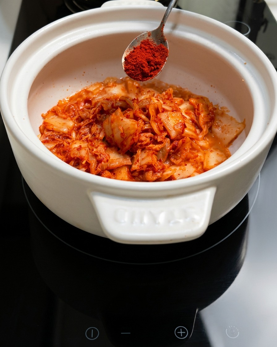 Un cucchiaio di peperoncino in polvere viene aggiunto al kimchi saltato nella pentola.