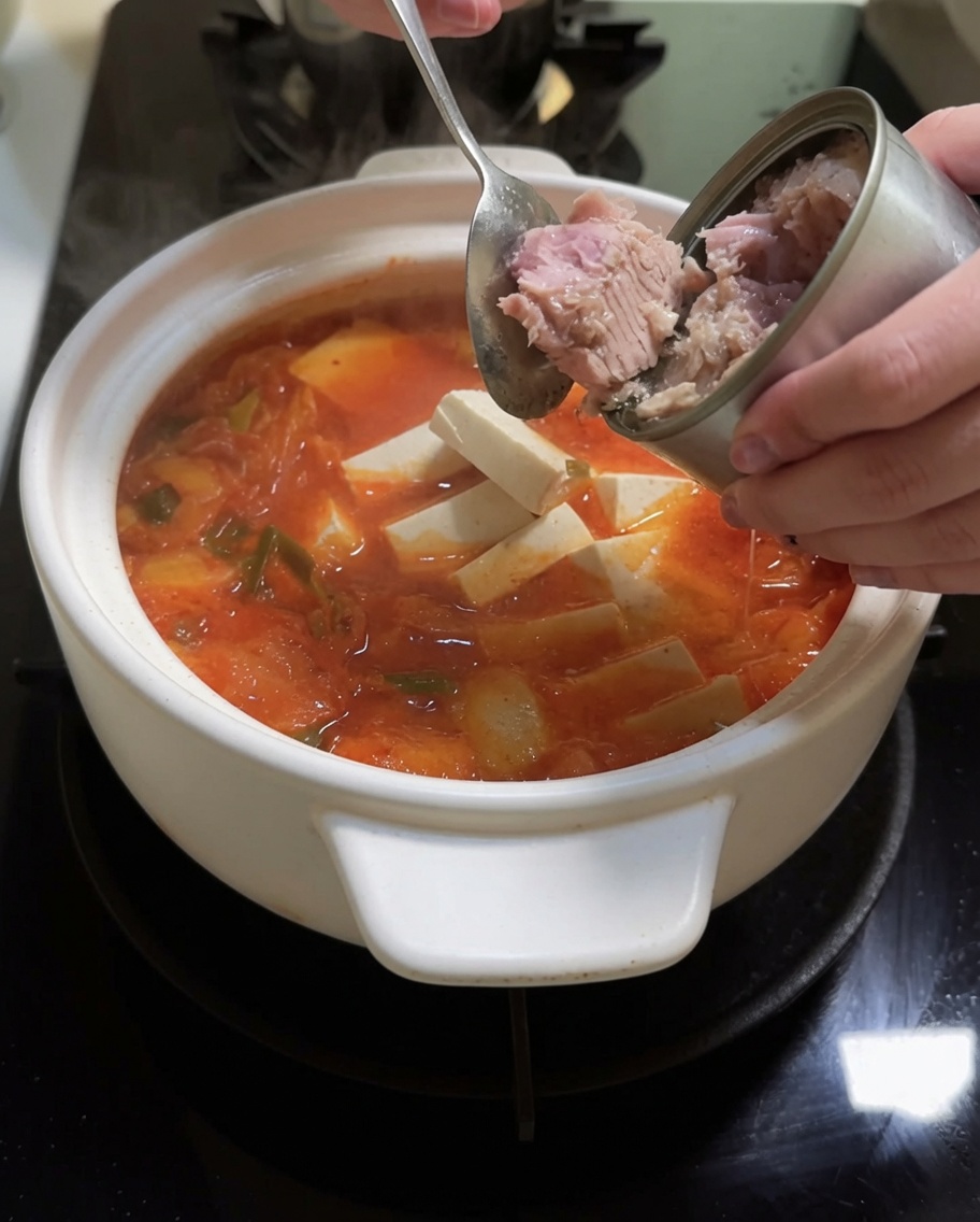 Cubi di tofu fresco e pezzi di tonno in scatola vengono aggiunti al brodo piccante di kimchi in ebollizione.