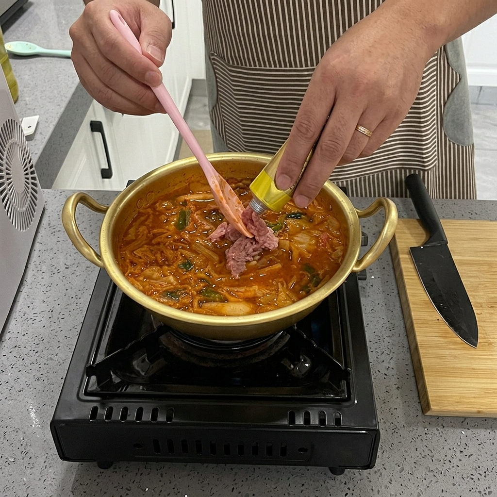 Pezzi di tonno in scatola aggiunti con un cucchiaio in silicone rosa in una pentola di brodo di kimchi rosso bollente.