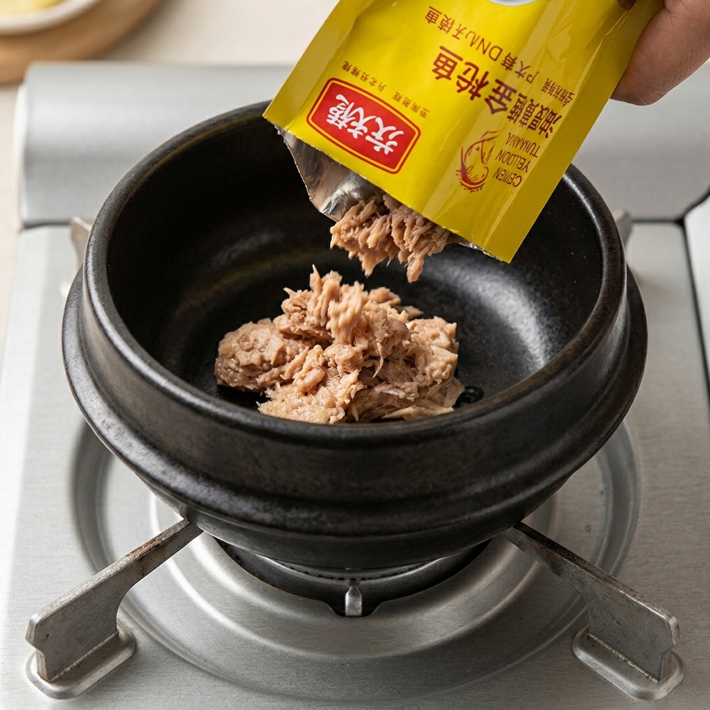 Tonno e kimchi aggiunti e saltati in un tegame di terracotta nero.