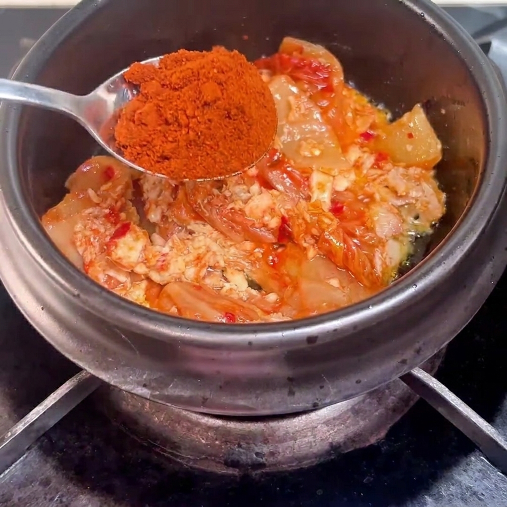 Un cucchiaio di legno mescola il composto di tonno e kimchi nel tegame caldo.