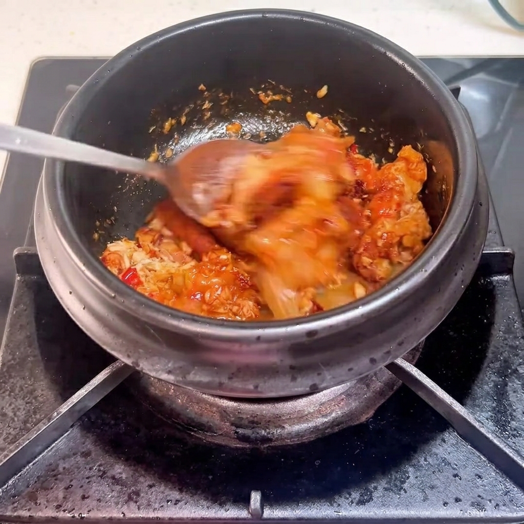 Un cucchiaio di metallo aggiunge peperoncino in polvere nel tegame con tonno e kimchi.