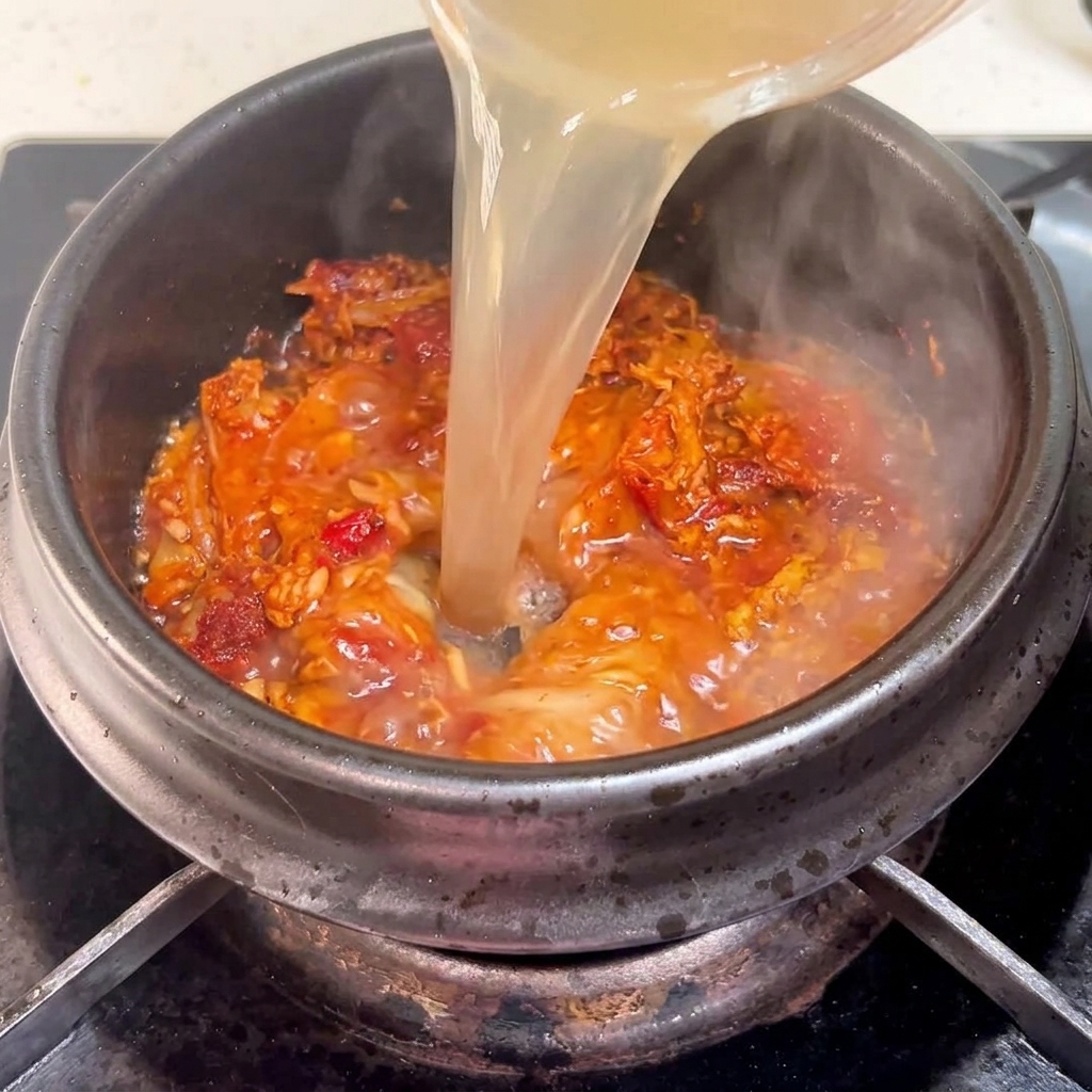Brodo versato nel tegame contenente il composto di tonno e kimchi.