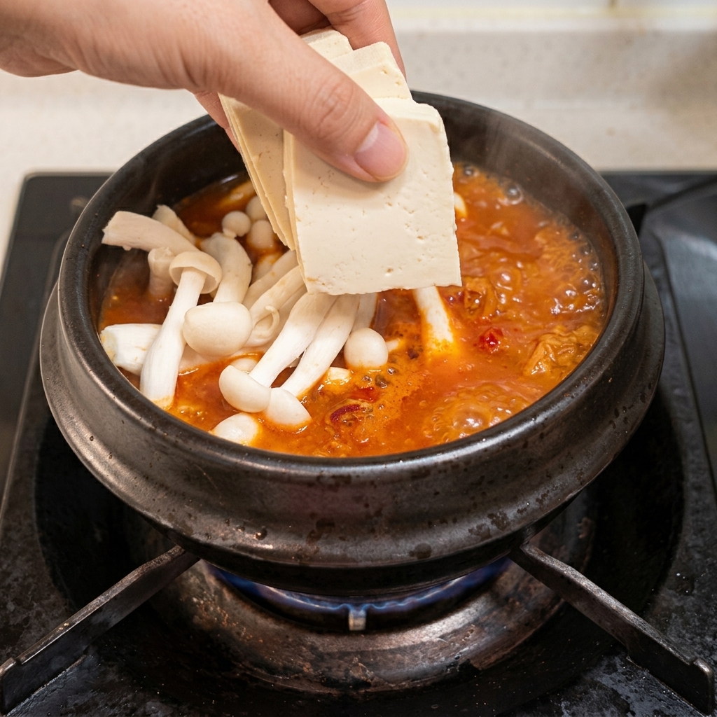 Fette di tofu bianco aggiunte alla zuppa in ebollizione con i funghi.