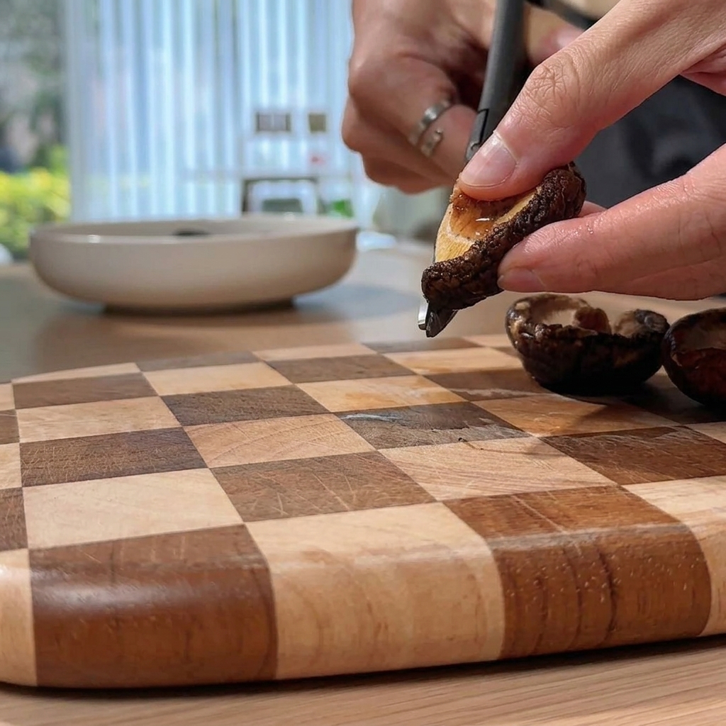 Un paio di forbici da cucina che tagliano un fungo shiitake reidratato su un tagliere di legno.