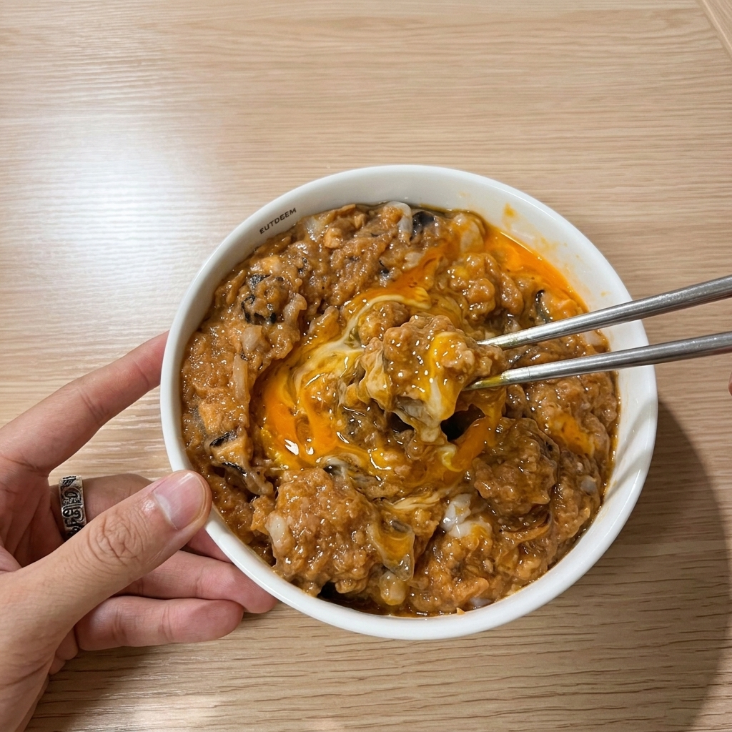 Primo piano di un uovo aggiunto a un composto di carne testurizzato e condito in una ciotola bianca, mescolato con bacchette dacciaio.