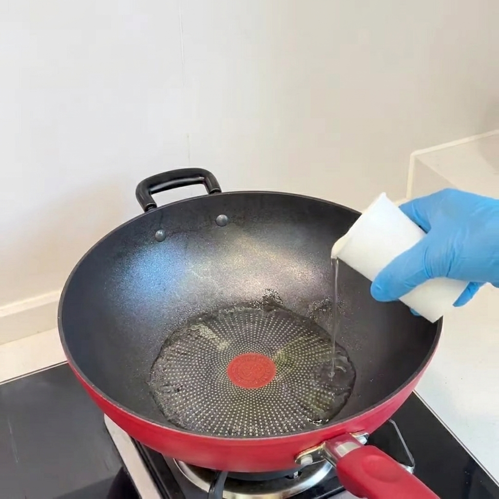 Fette di cipolla rossa che soffriggono in padella con una spatola rossa.