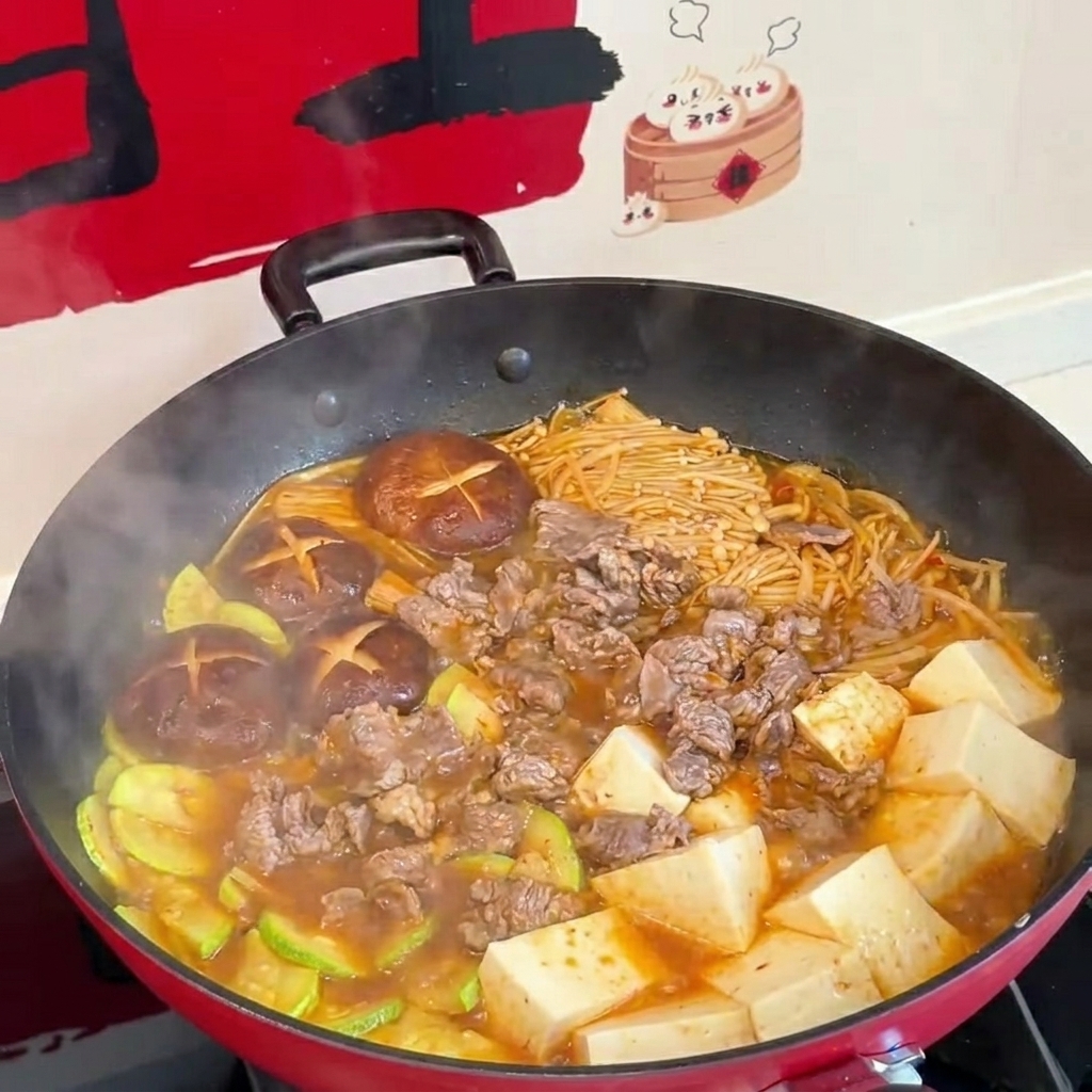 Vista dallalto dellhot pot di manzo e kimchi con peperoncini freschi verdi e rossi cosparsi sugli ingredienti colorati.