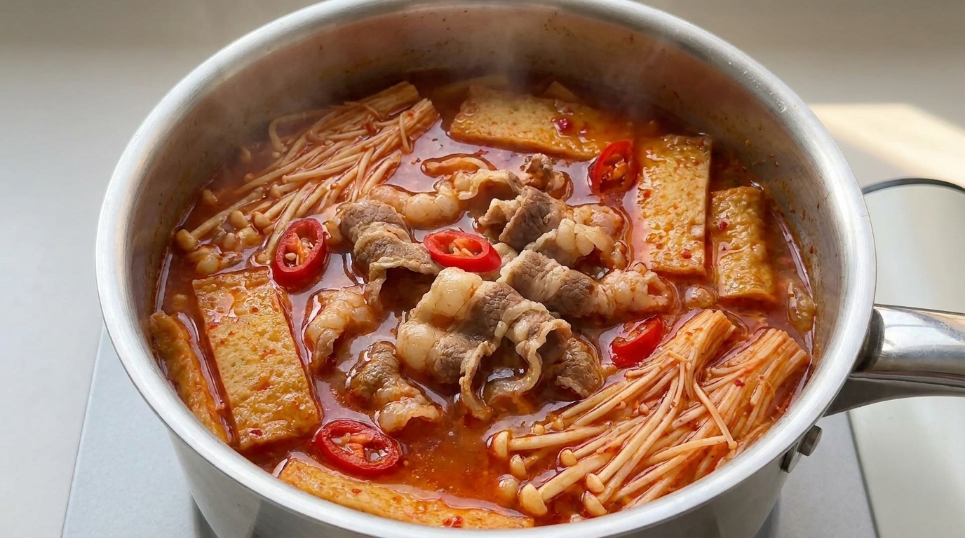 Zuppa di Kimchi Coreana con Manzo e Funghi Enoki