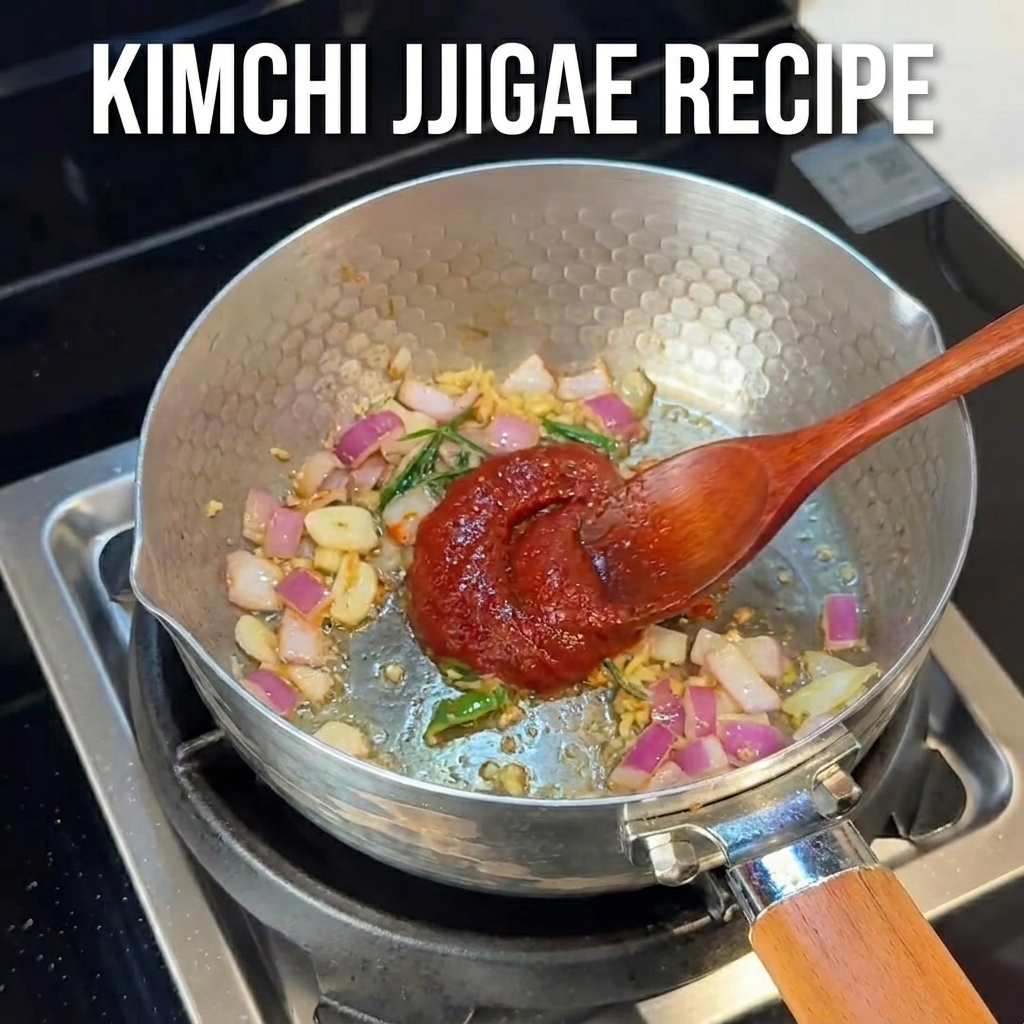 Primo piano del kimchi mescolato agli aromi rosolati nella pentola con un cucchiaio di legno.