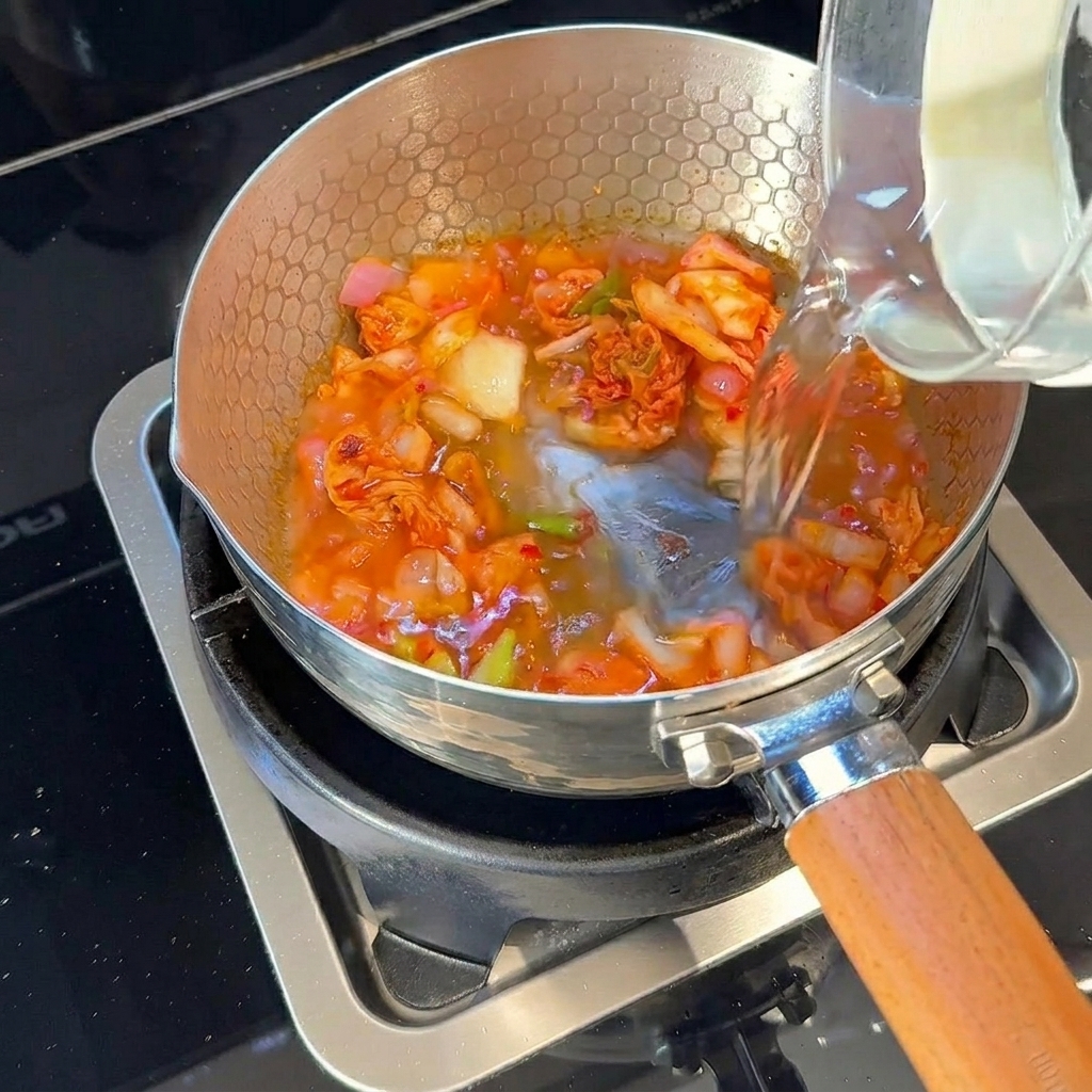 Acqua versata nella pentola con la base di kimchi e aromi saltati.