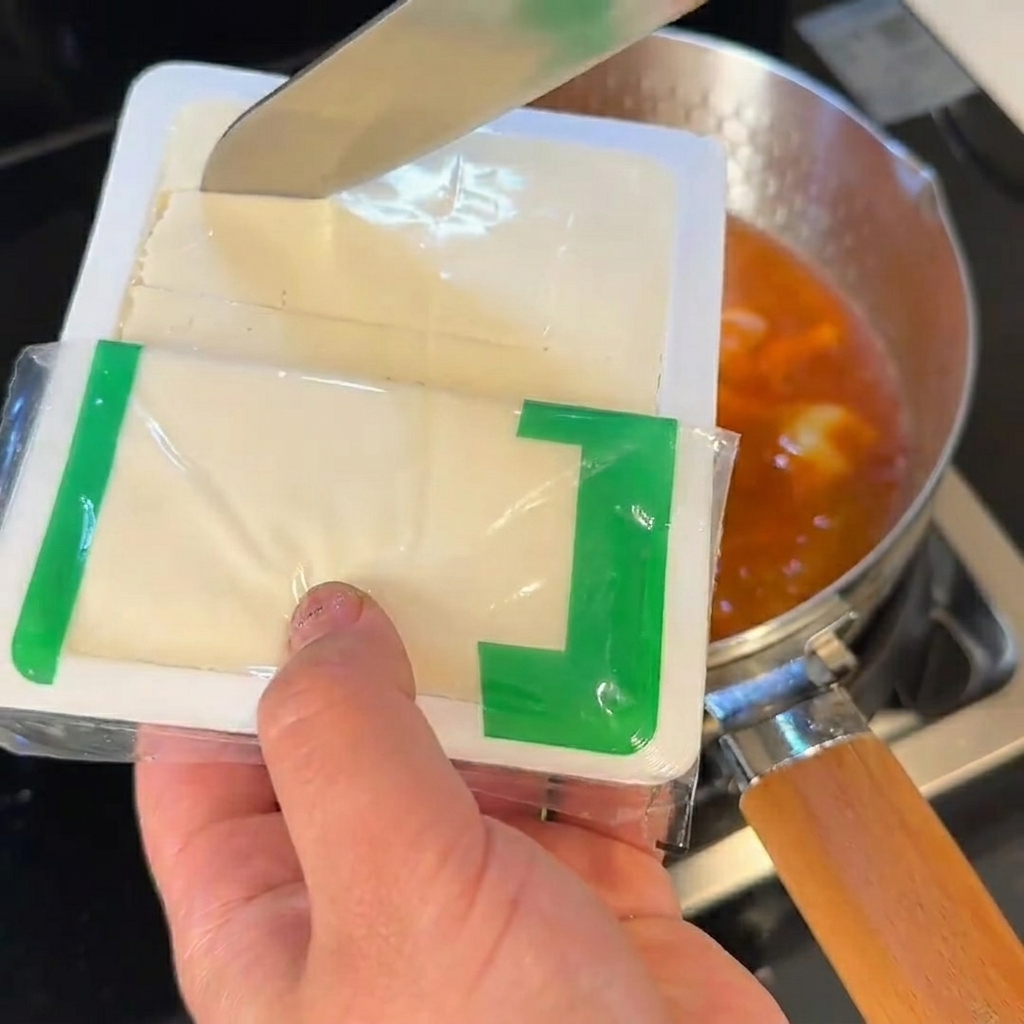 Tofu tagliato a cubetti e aggiunto nello stufato di kimchi in ebollizione.