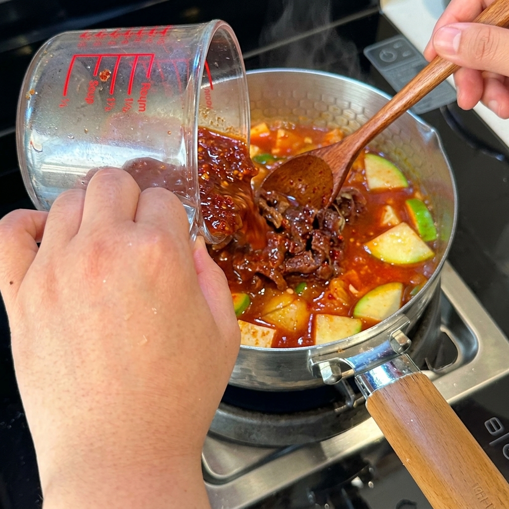 Pezzi di manzo marinato aggiunti nello stufato di kimchi in ebollizione con verdure.