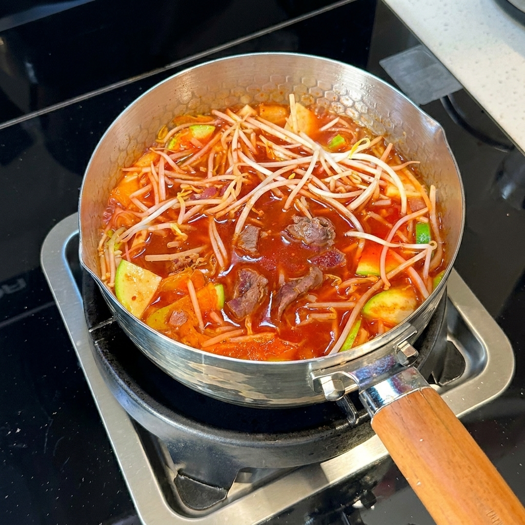 Germogli di soia freschi mescolati in una pentola di stufato di kimchi e manzo in ebollizione.