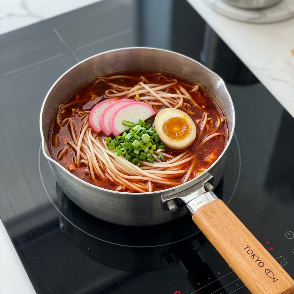 Un uovo crudo rotto al centro dello stufato coreano di kimchi e tofu piccante in ebollizione.